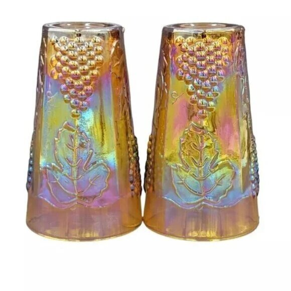 Colony Amber Carnival Glass Flat Bottom Cooler Glasses Grapes Leaves 5 3/4 Set 2 - Picture 4 of 7